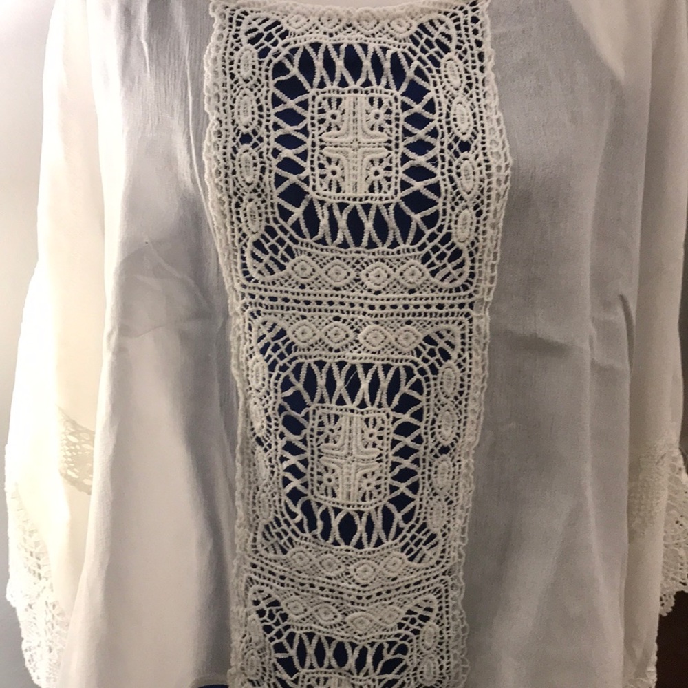 Bright White Poncho w/ Crochet Detailing